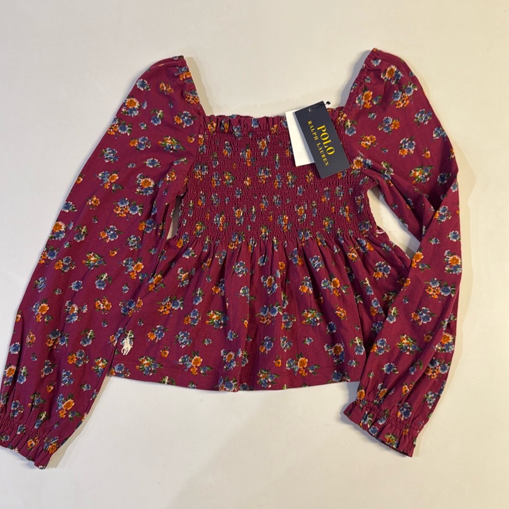Nwt Polo Ralph Lauren Kids Girl's Purple Floral Smocked Square Neck Top Size Xl